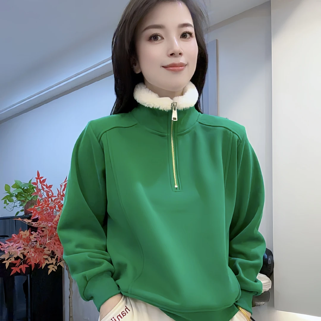 《韩家》#9516秋冬全新休闲百搭气质时尚羊羔绒领半拉链加绒卫衣