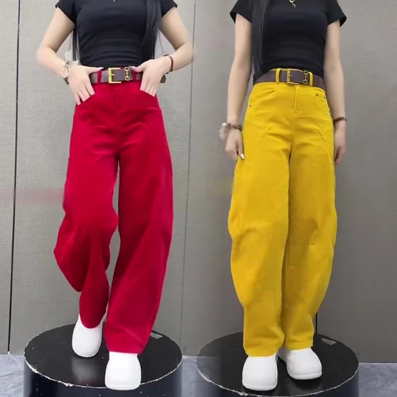 秋冬大口袋弯刀时尚精品灯芯绒女宽松休闲设计感镰刀条绒拖地长裤