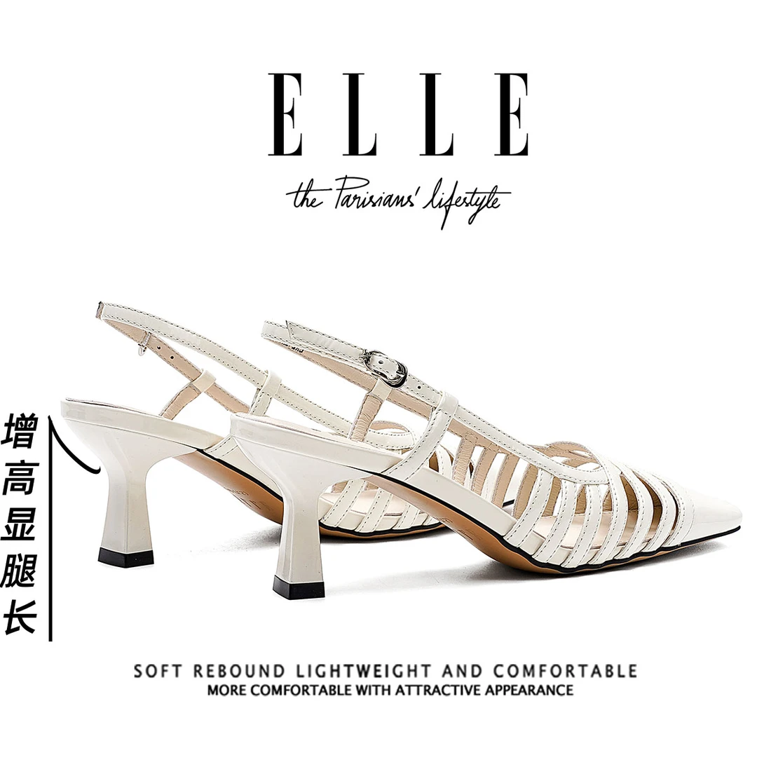 ELLE真皮包头编织凉鞋女夏季外穿2025新款细跟高跟鞋时尚镂空单鞋