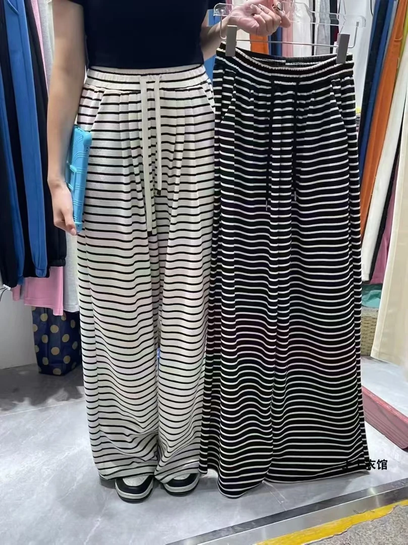 大码女装早秋新款显瘦黑白条纹高腰阔腿裤女宽松直筒拖地休闲裤图