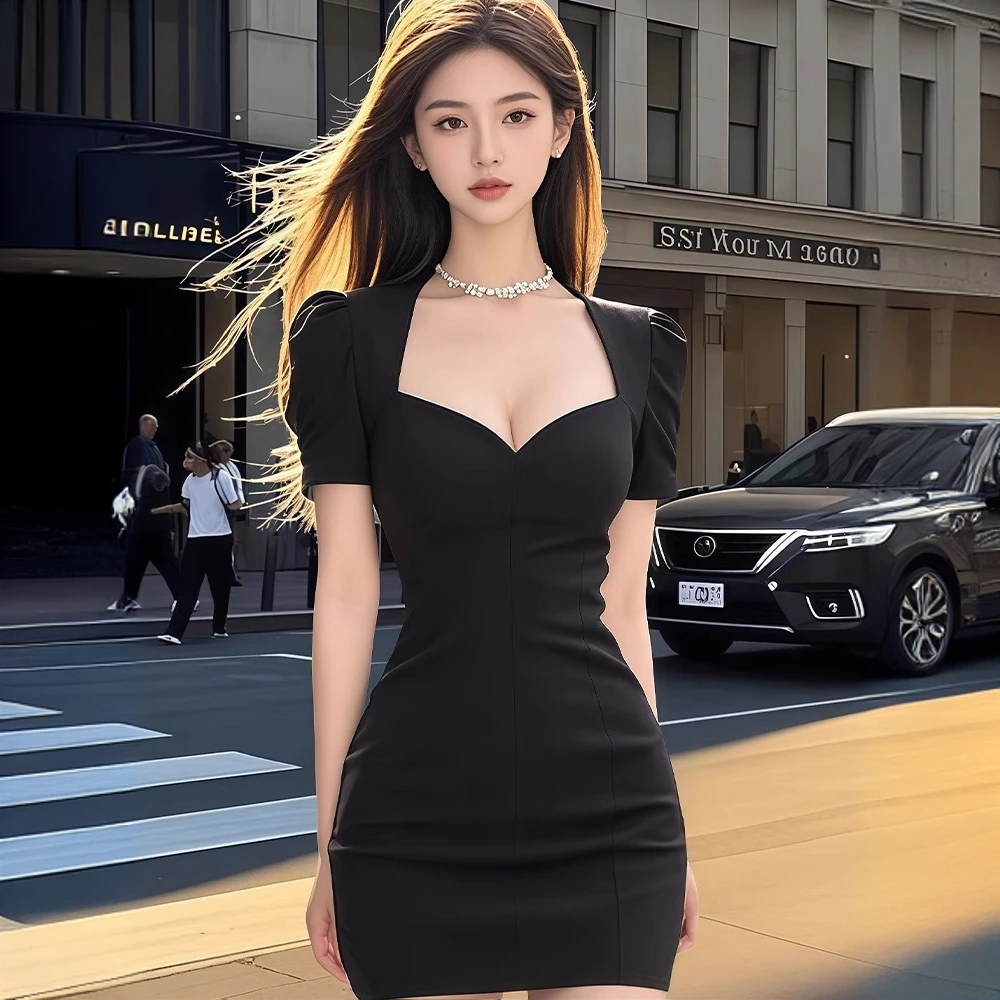 2025新款夏季方领短袖连衣裙修身显瘦包臀裙气质优雅高级感小黑裙