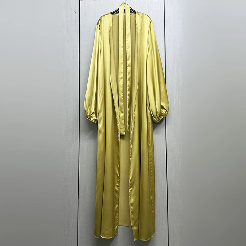 外贸原单175高个子新款女装长袖圆领宽松A字裙百搭缎面长款连衣裙