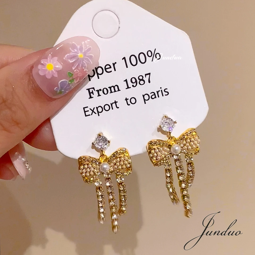 君朵饰品00750金色蝴蝶结百搭珠珠耳饰耳钉