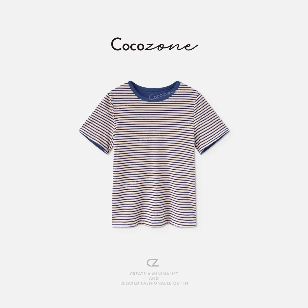 COCO ZONE 刘一一【100棉】撞色经典条纹竹节纹理T恤 CD1A1198