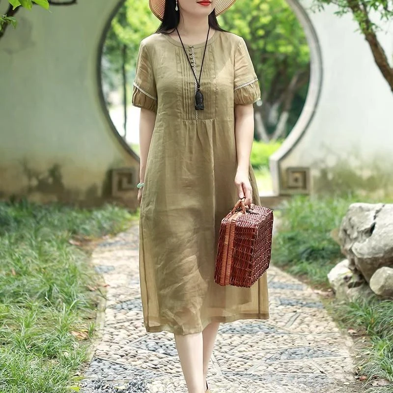 COS MOCO UR文艺风琴褶苎麻连衣裙女夏胖妹妹遮肉显瘦洋气旅行