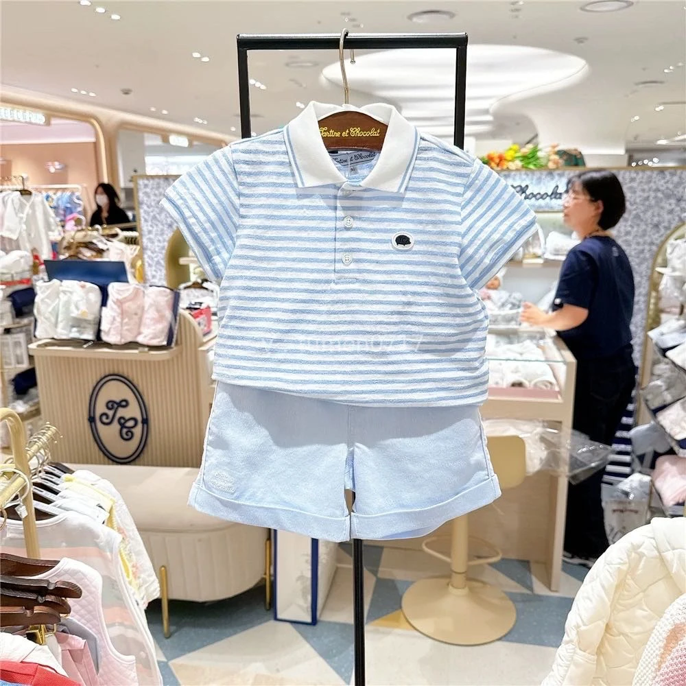 小翻领条纹短袖➕蓝色短裤套装（偏小半码）
