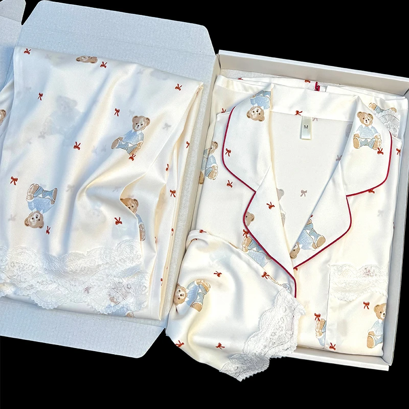 冰丝小白熊睡衣女高级感蕾丝长袖家居服套装送闺蜜生日礼物礼盒装