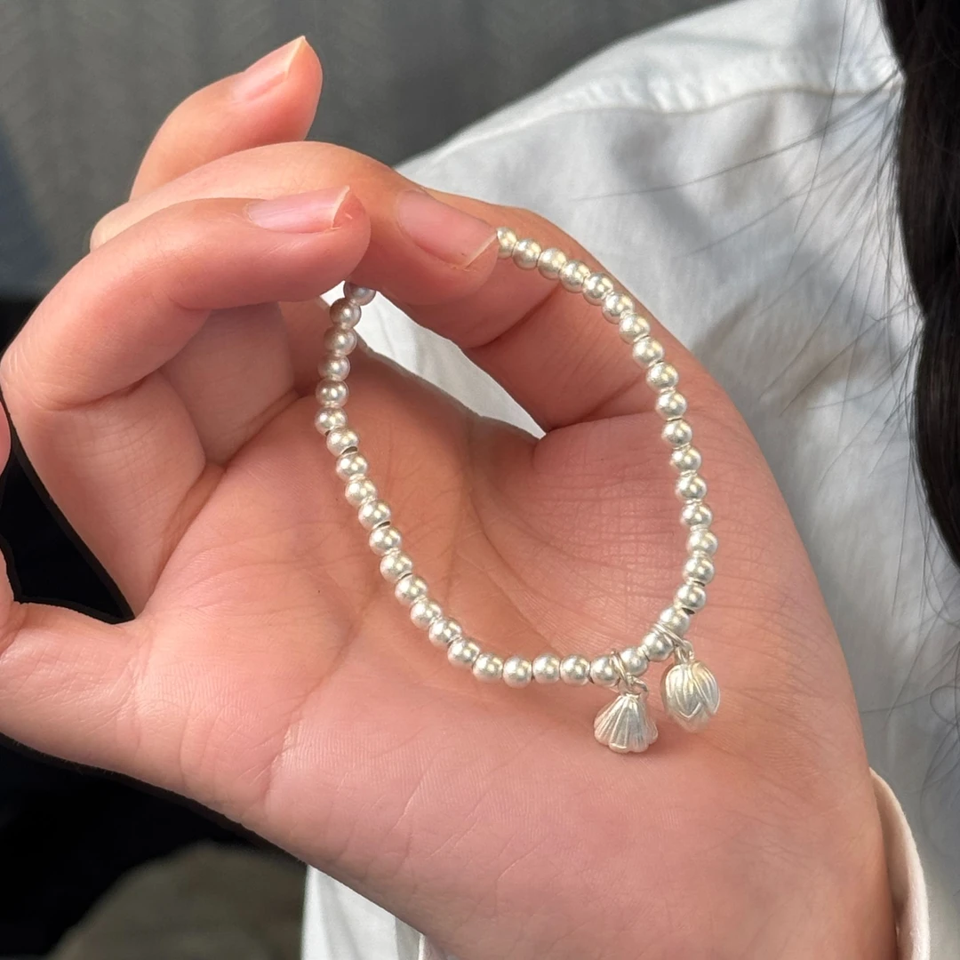 足银手链 熹棠足银两世欢手链4mm珠珠弹力古法银手串百搭莲花莲蓬