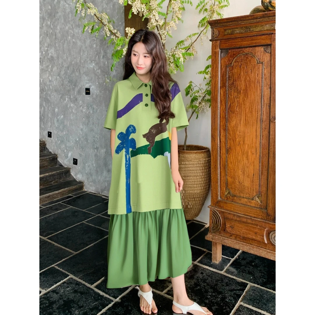 {小兔奔走}夏季撞色气质宽松显瘦休闲接拼印花轻奢女连衣裙.