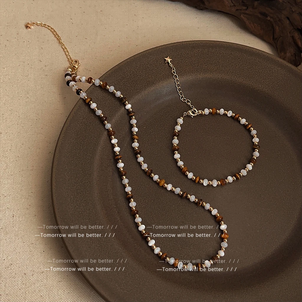 铜合金手链 小众虎眼石锁骨链女手作高级感天然石项链手链