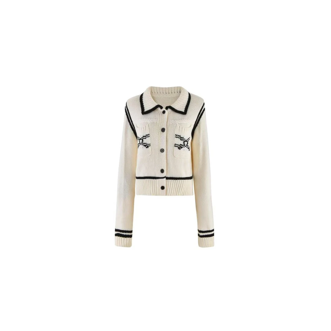 ICC 秋冬翻领黑白撞色长袖针织衫气质轻奢名媛短款 显瘦外套-3558