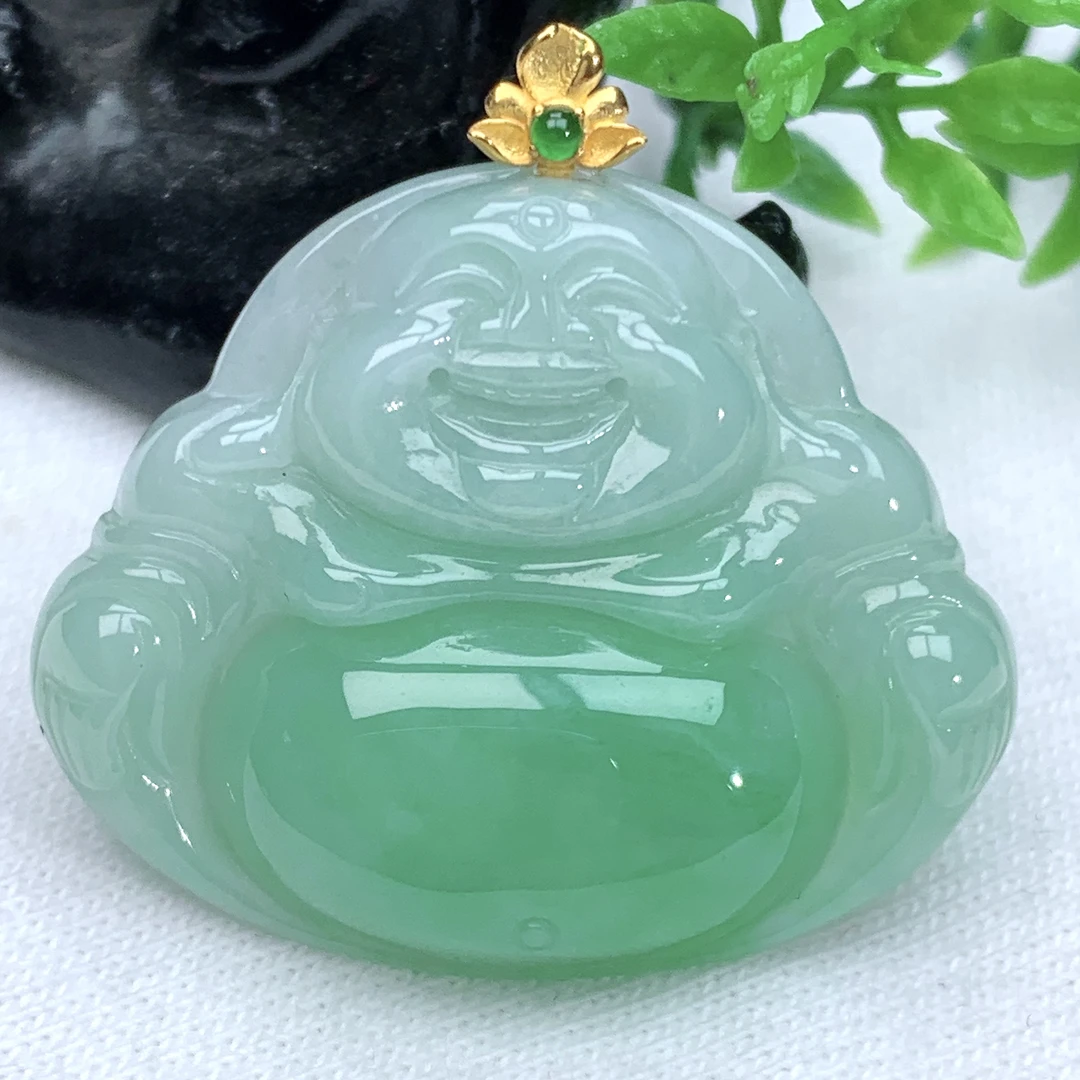 天然缅甸翡翠A货冰润满绿玉佛公吊坠挂件含扣头30−31.2−5.7mm