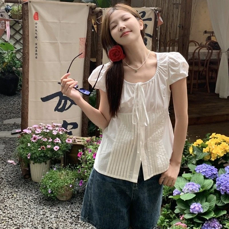 系带夏季圆领短袖泡泡袖薄款衬衫女设计感法式小众短款甜美系休闲