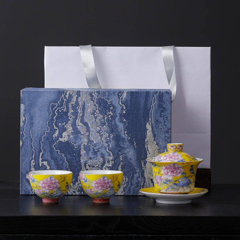 珐琅彩旅行茶具一盖碗俩杯描金茶杯满彩泡茶碗户外便捷功夫茶具批