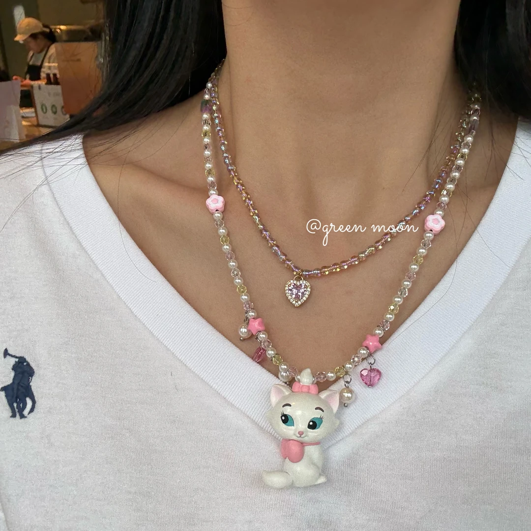 非金属仿珍珠项链 【天晴属性】白色小猫优雅ins项链可爱爱心果冻感