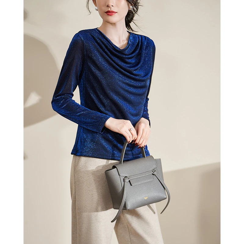 安那俪惟轻奢气质女高级感2025春新款打底蓝色百搭上衣#DSY17370