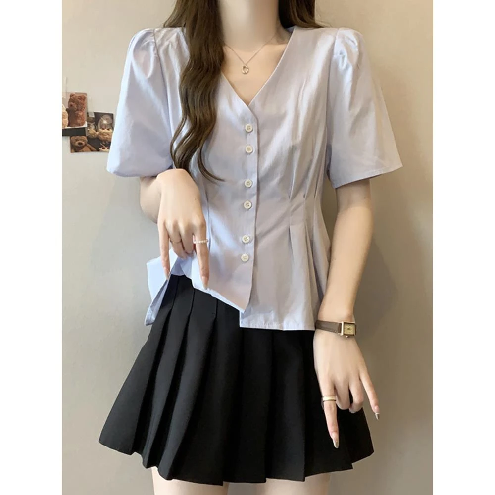 大码女装遮肚子木耳边时尚短袖衬衫女夏季胖妹妹收腰显瘦正肩上衣