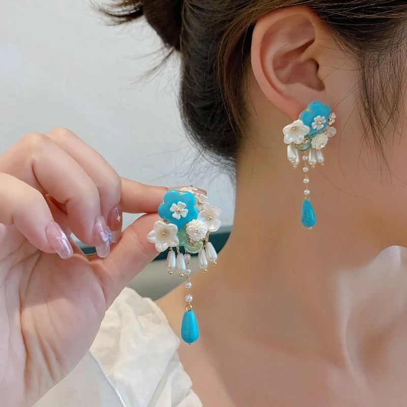 铜合金锆石耳饰 波西米亚民族风流苏花朵耳环蓝色气质宫廷度假街