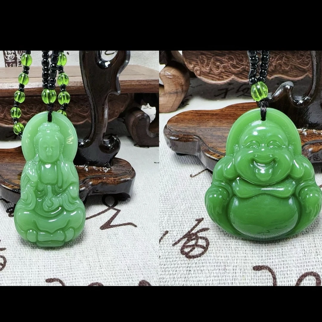 天然玉石碧绿观音佛一对带珠链大气吊坠男女项链