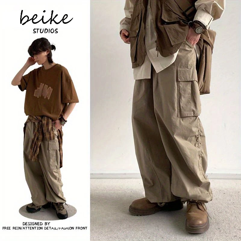 夏季纯色直筒日系复古宽松阔腿工装长裤男女生百搭束脚休闲裤子潮