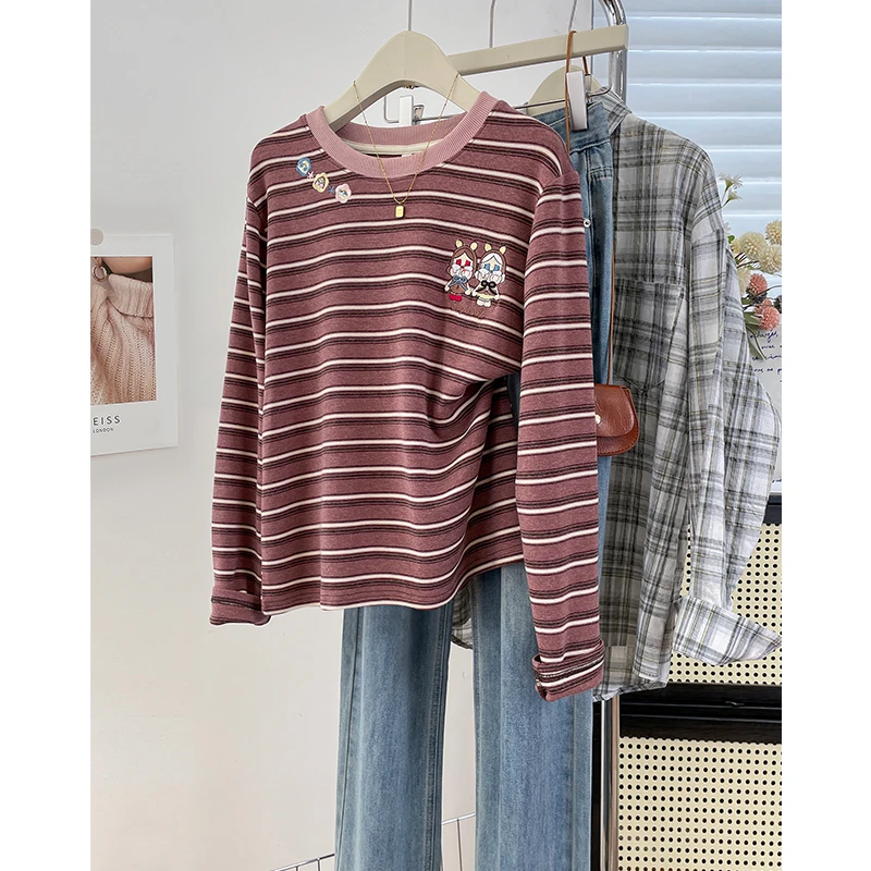 复古撞色圆领卡通刺绣条纹长袖T恤秋冬加厚磨毛内搭保暖正肩上衣