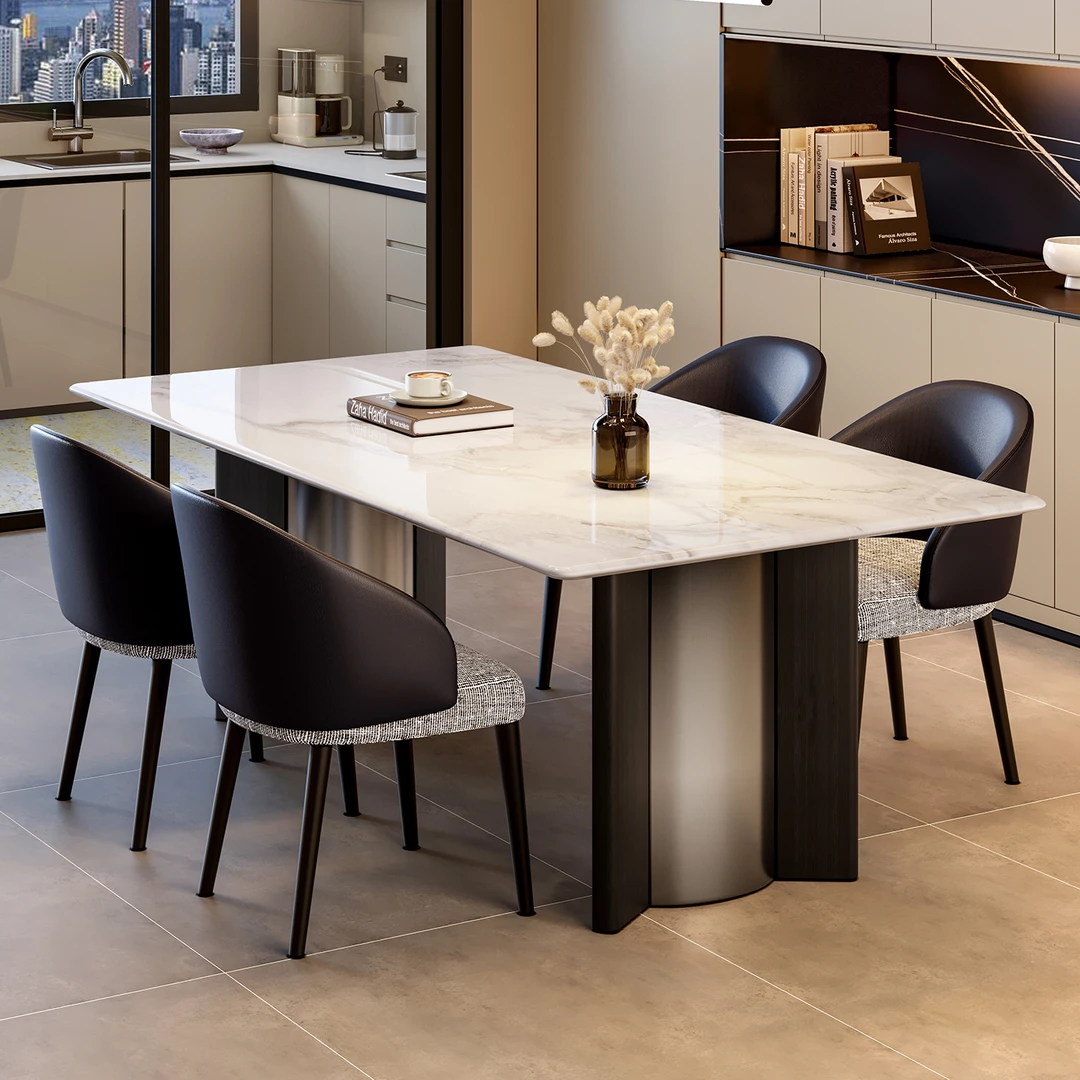 新芬迪白天然进口奢石餐桌高级感意式轻奢高端定制餐桌长方形饭桌