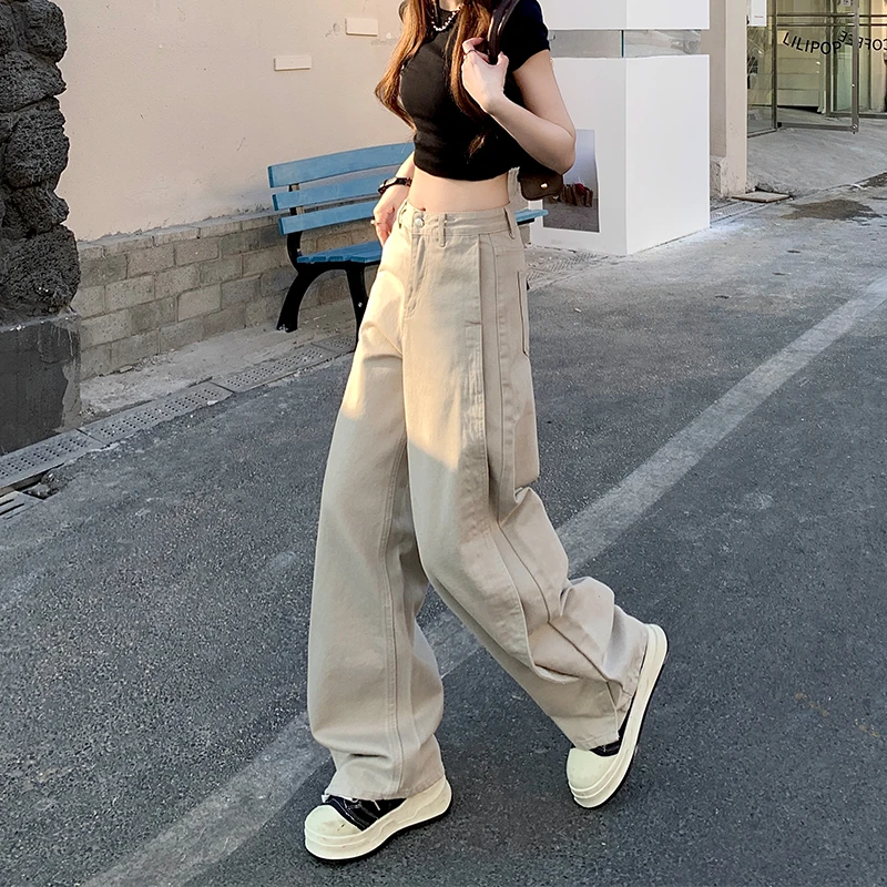 莫兰迪灰拼接弯刀牛仔裤女春季高腰时尚设计感宽松显瘦垂感拖地裤