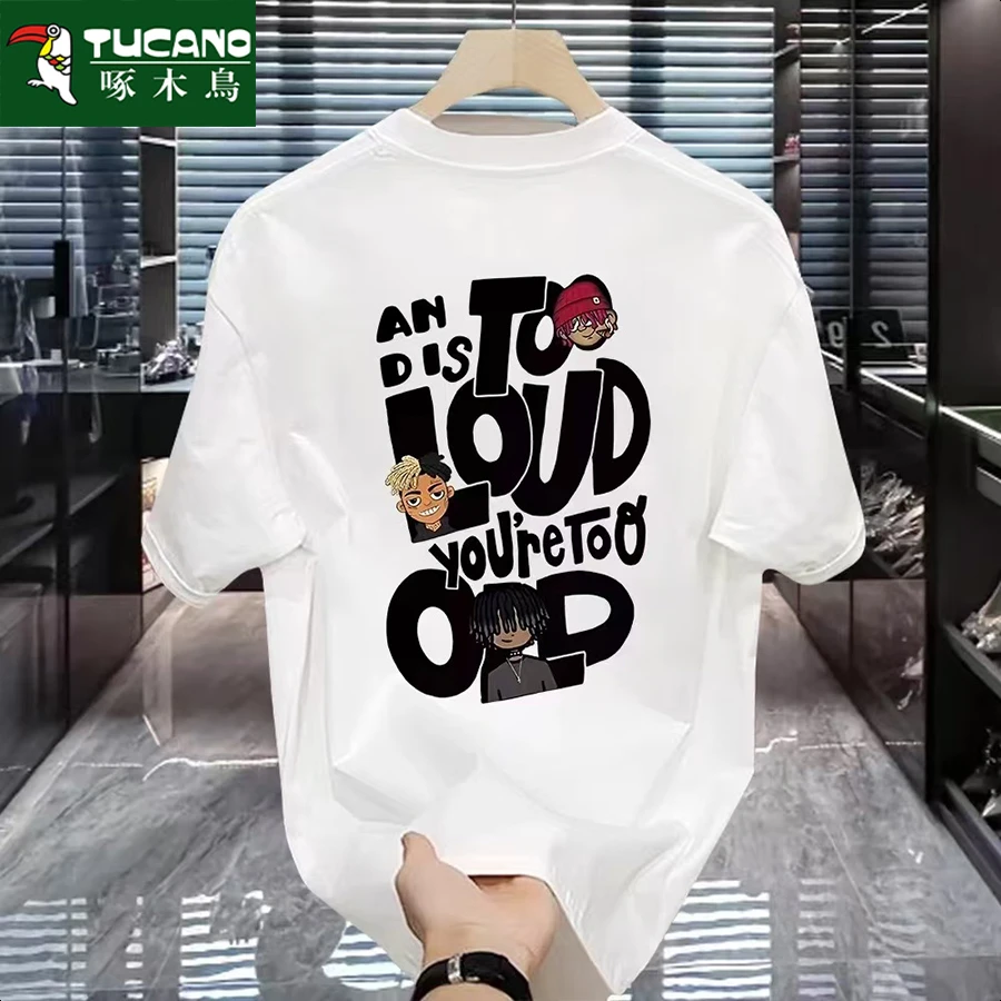 啄木鸟重磅纯棉短袖t恤男士夏季韩版宽松潮流休闲时尚印花圆领T恤