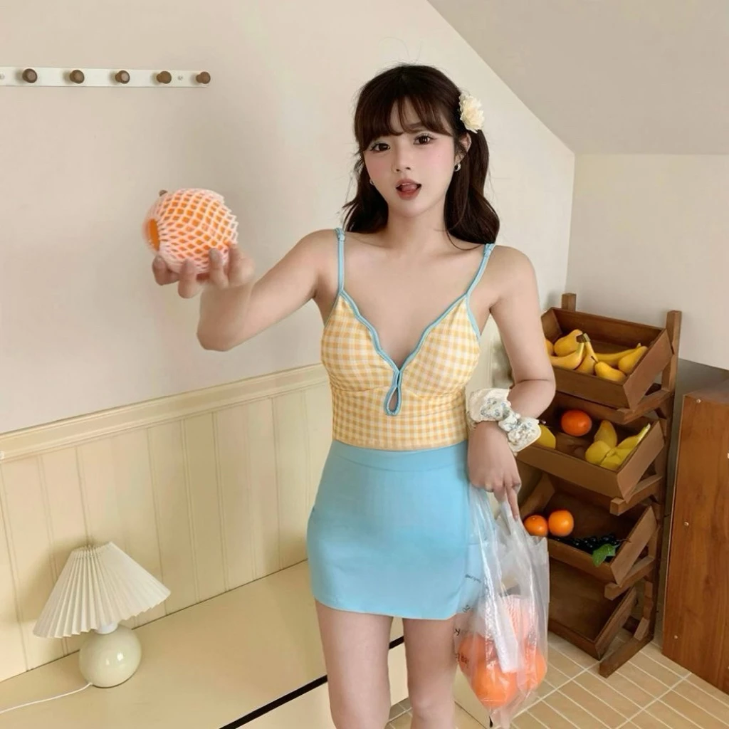 【小菠萝】小清新格子连体泳衣修身显瘦遮肚腩泡温泉度假遮肉女泳衣