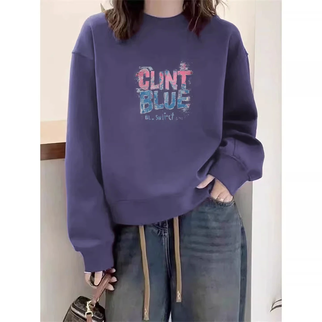 欧货时尚紫色圆领短款纯棉卫衣女秋冬新款洋气字母加绒加厚上衣