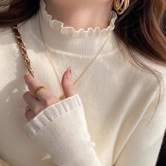 法式洋气拼接花边半高领长袖针织衫女柔和亲肤显瘦遮肉内搭上衣潮