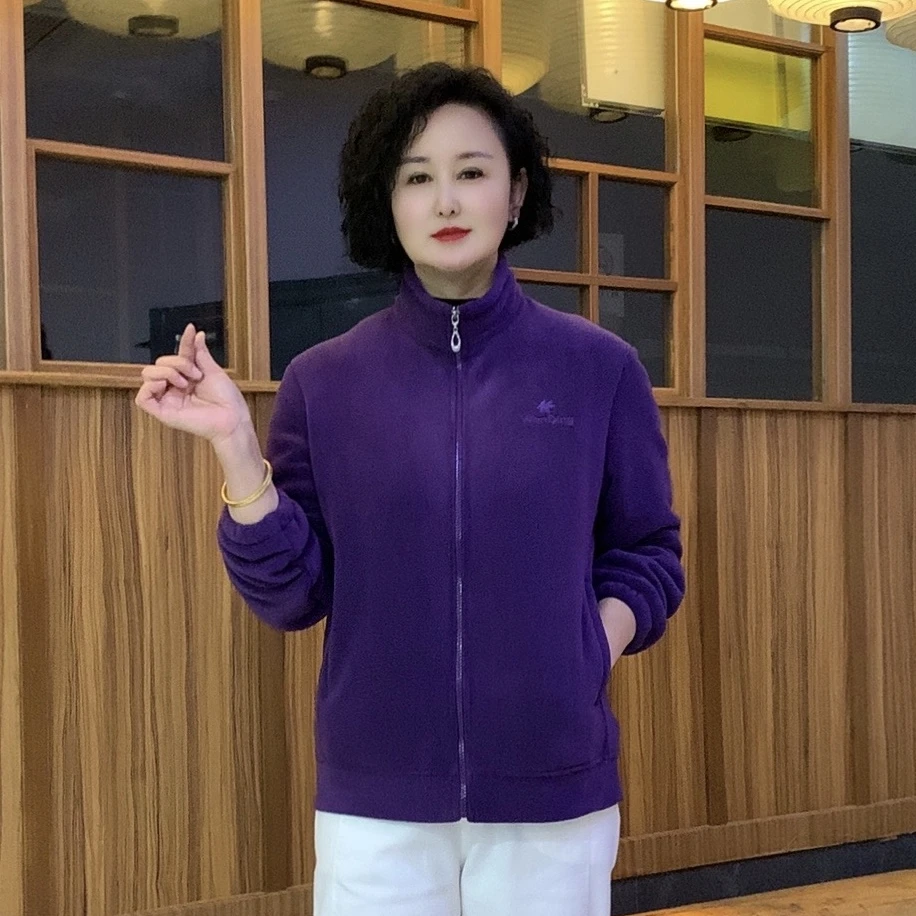 春秋新款保暖立领加绒开衫加厚宽松纯色中老年女装