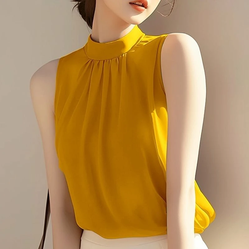今年流行独特别致漂亮雪纺上衣法式高级感气质黄色挂脖衬衫女夏季