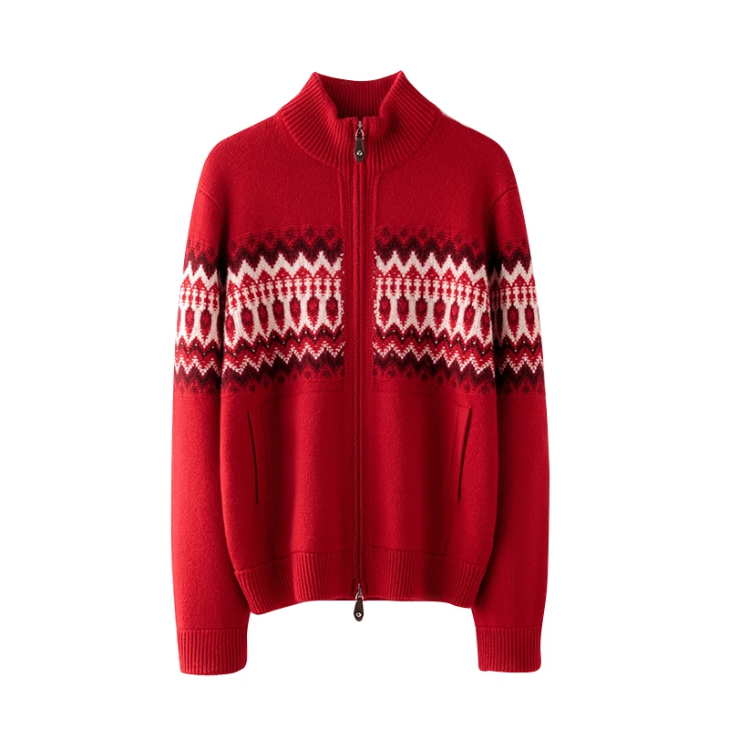 【LP圣诞过年款】100%山羊绒重磅加厚提花拉链针织开衫上衣红色