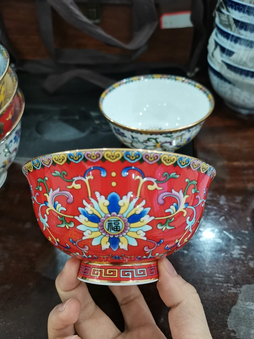 景德镇珐琅彩金边缠枝莲单碗4.75英寸饭碗