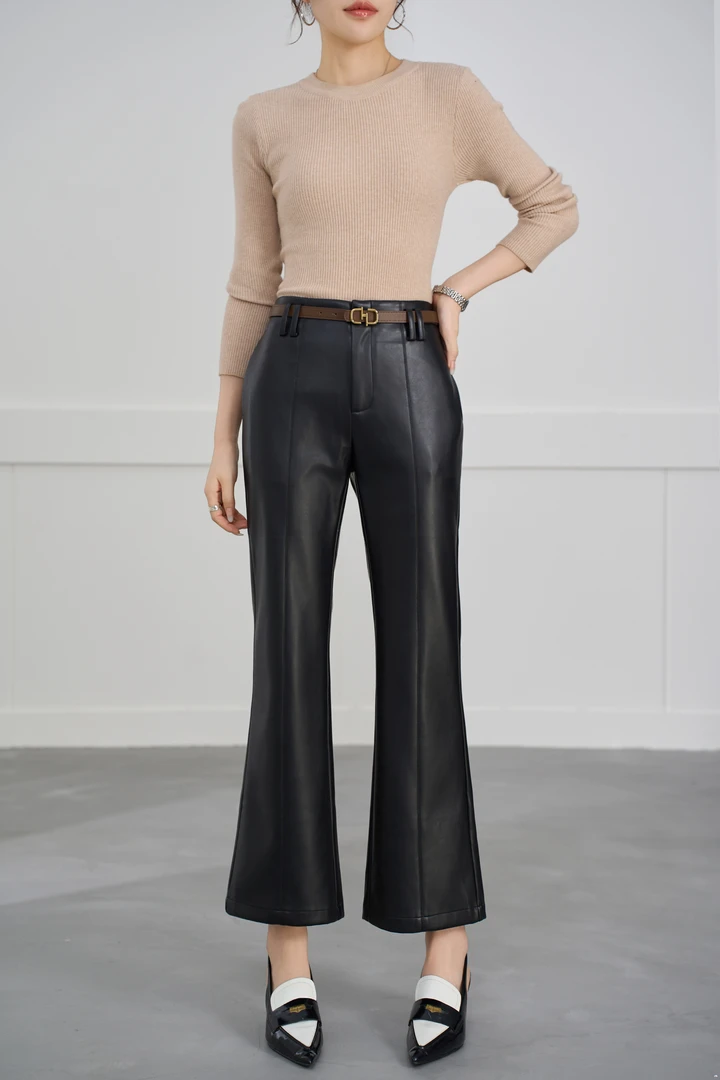 海宁正品皮裤黑色时尚休闲复古修身喇叭裤显瘦高腰九分裤子070