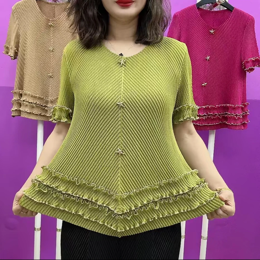 夏季新款宽松圆领金色花边小众设计褶皱短袖T恤衫