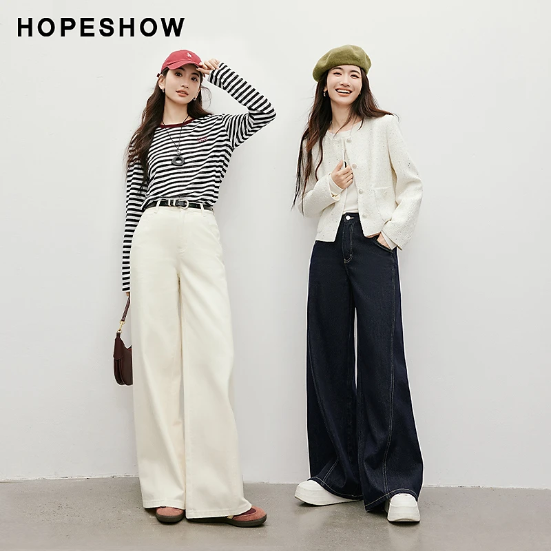 红袖春季2025新款女装 撞色走线中腰宽松阔腿牛仔长裤90125011302