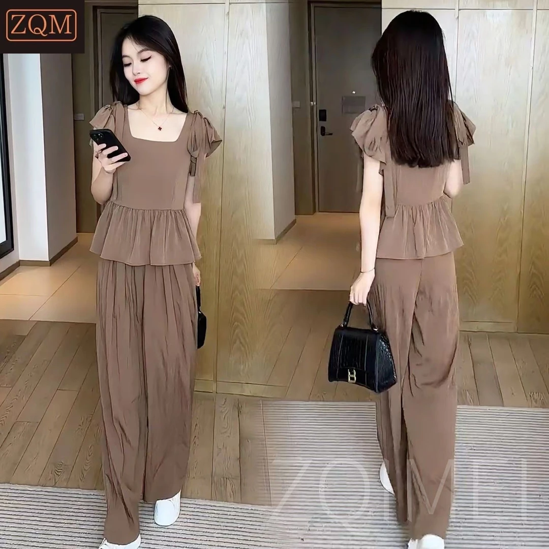 夏季套装女2024新款时尚显瘦气质方领上衣小个子宽松阔腿裤两件套