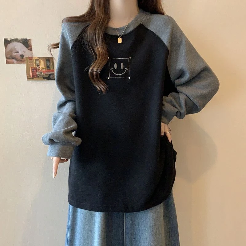 大码德绒加厚撞色卫衣女秋冬季新款宽松显瘦加绒保暖内搭打底衫女