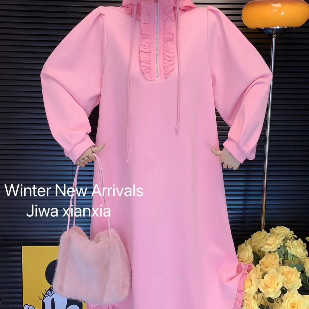 媛媛欧货 实拍加绒正版甜美花边宽松减龄大版连衣裙