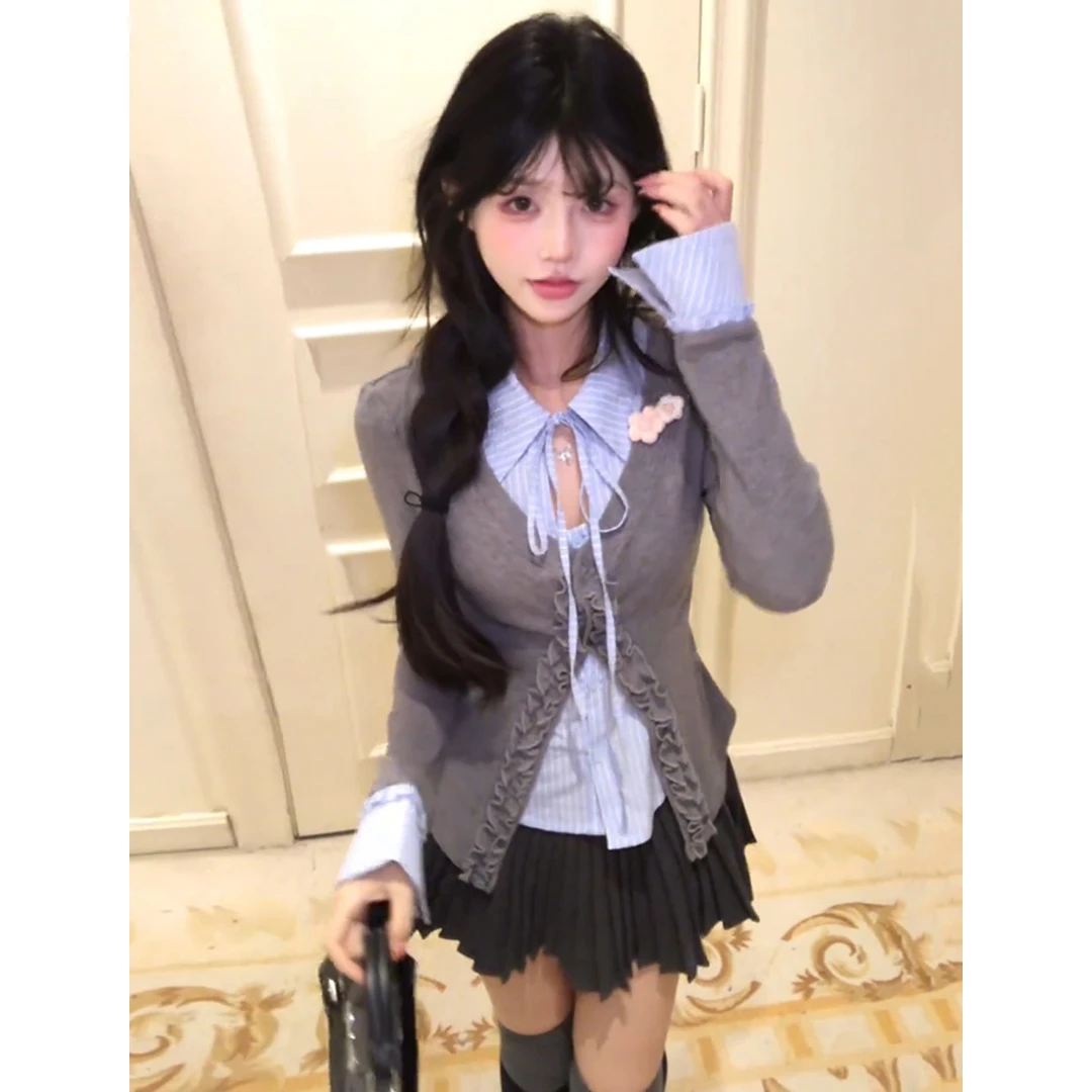 2025新款春季减龄学院风复古拼接设计感长袖开衫上衣半身裙套装女