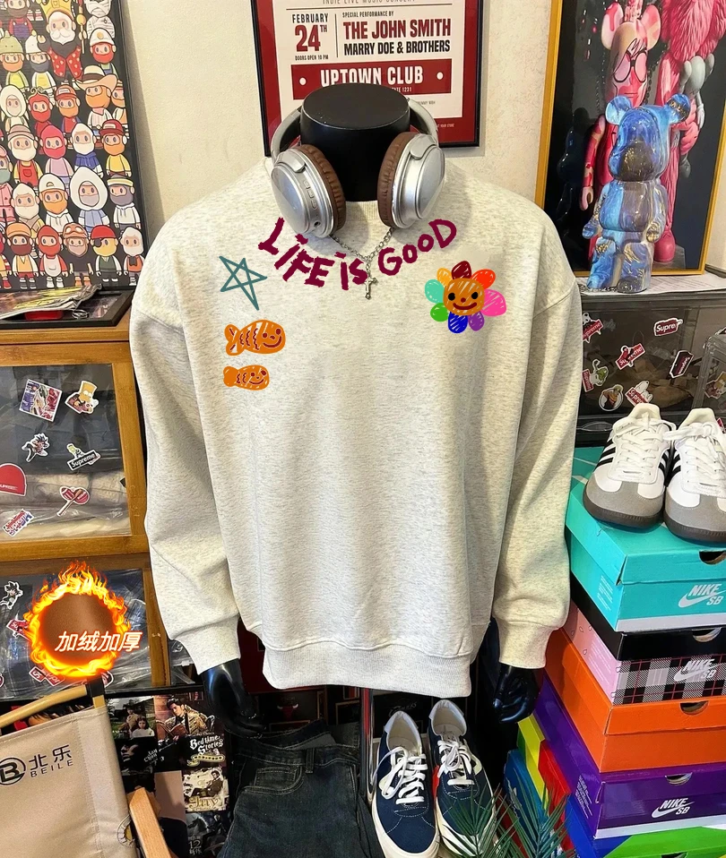 卫衣男秋冬新款潮流美式印花重磅圆领痞帅外套加绒男士套头卫衣男