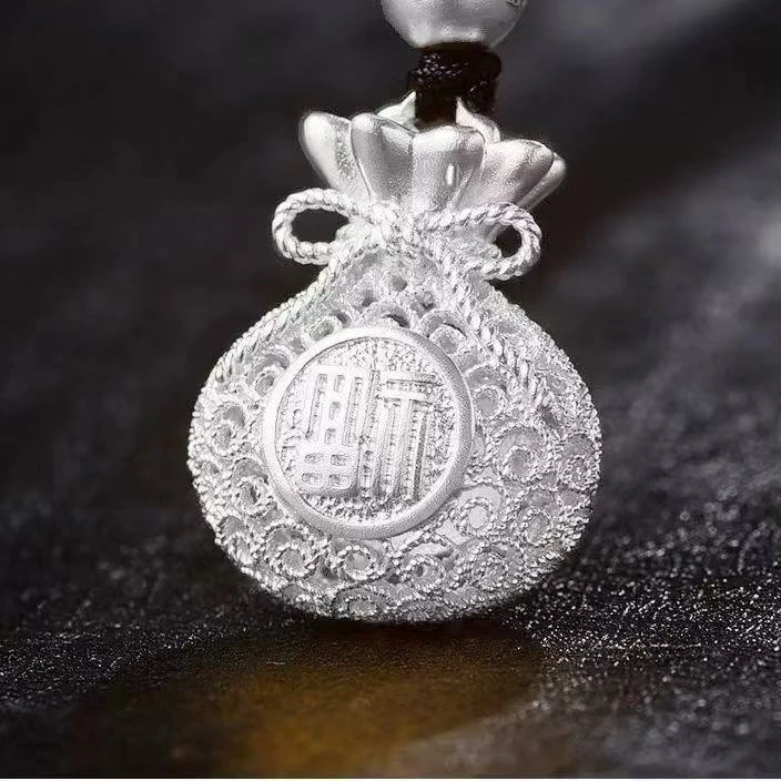 吊坠925银 正品999纯银珠 转运福字镂空福袋项链吊坠