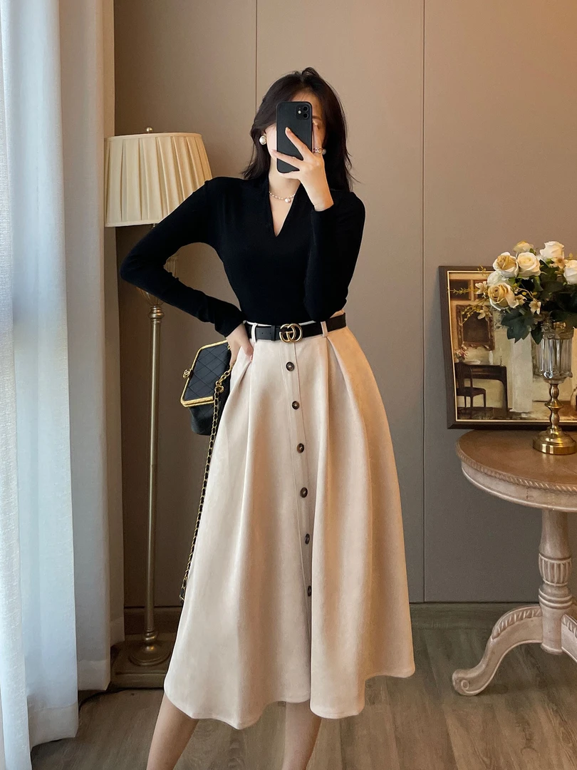 两件套装女秋装新款洋气时髦法式复古打底丝绒连衣裙气质显瘦长裙