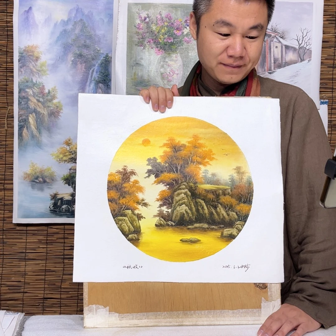 油画行路人小院绘画
