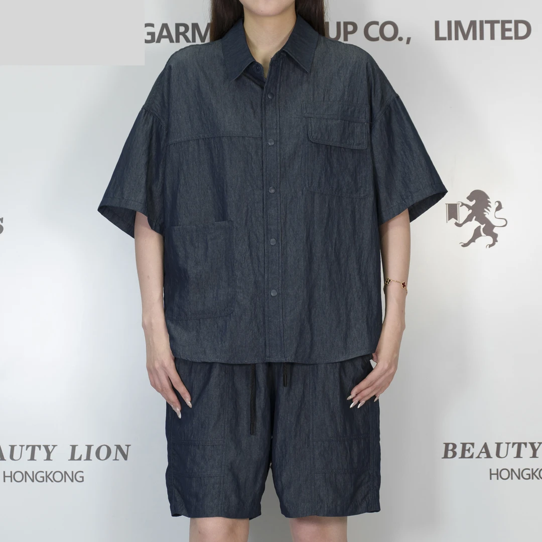 2025H·K美狮潮牌时尚夏季牛仔风翻领短袖纯色百搭拼接休闲套装