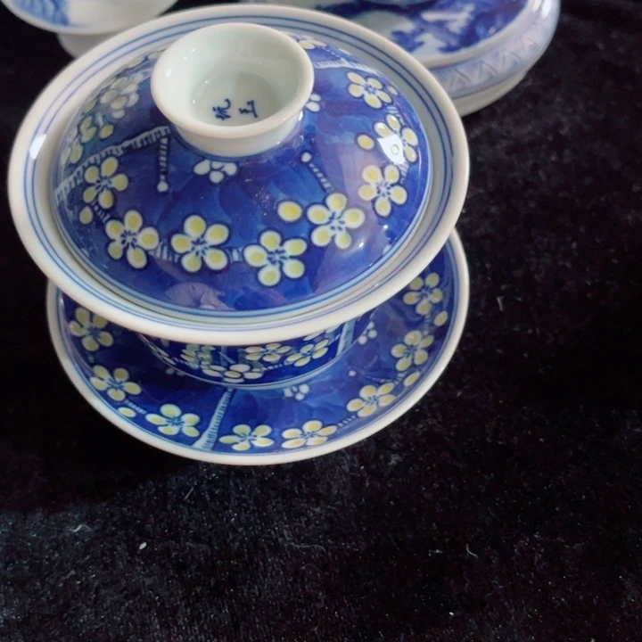 青花玲珑三才盖碗白色手绘冰梅轻***艹