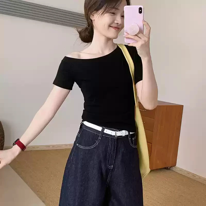 甜美气质出街斜肩短袖2025夏季新款修身百搭减龄显瘦上衣T恤百搭