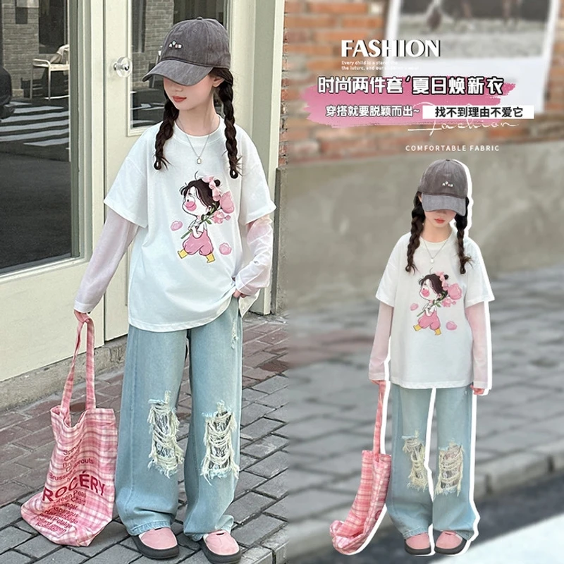 女童假两件T恤夏款2025韩版6-12岁15岁儿童卡通破洞牛仔裤两件套